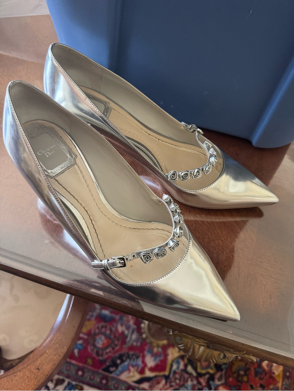 Dior Metallic Silver Pointed-Toe Pumps with Floral Accent